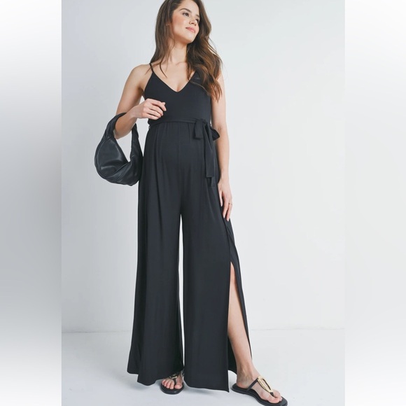 NWOT hello Miz Spaghetti Strap V-Neck Split Hem Maternity Jumpsuit - Picture 1 of 6
